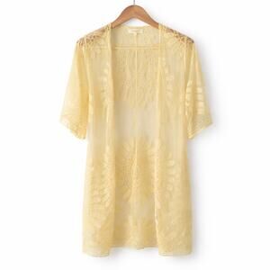 Rebellion Again Kimono Womens Small Yellow Sheer Embroidered Open Front Boho